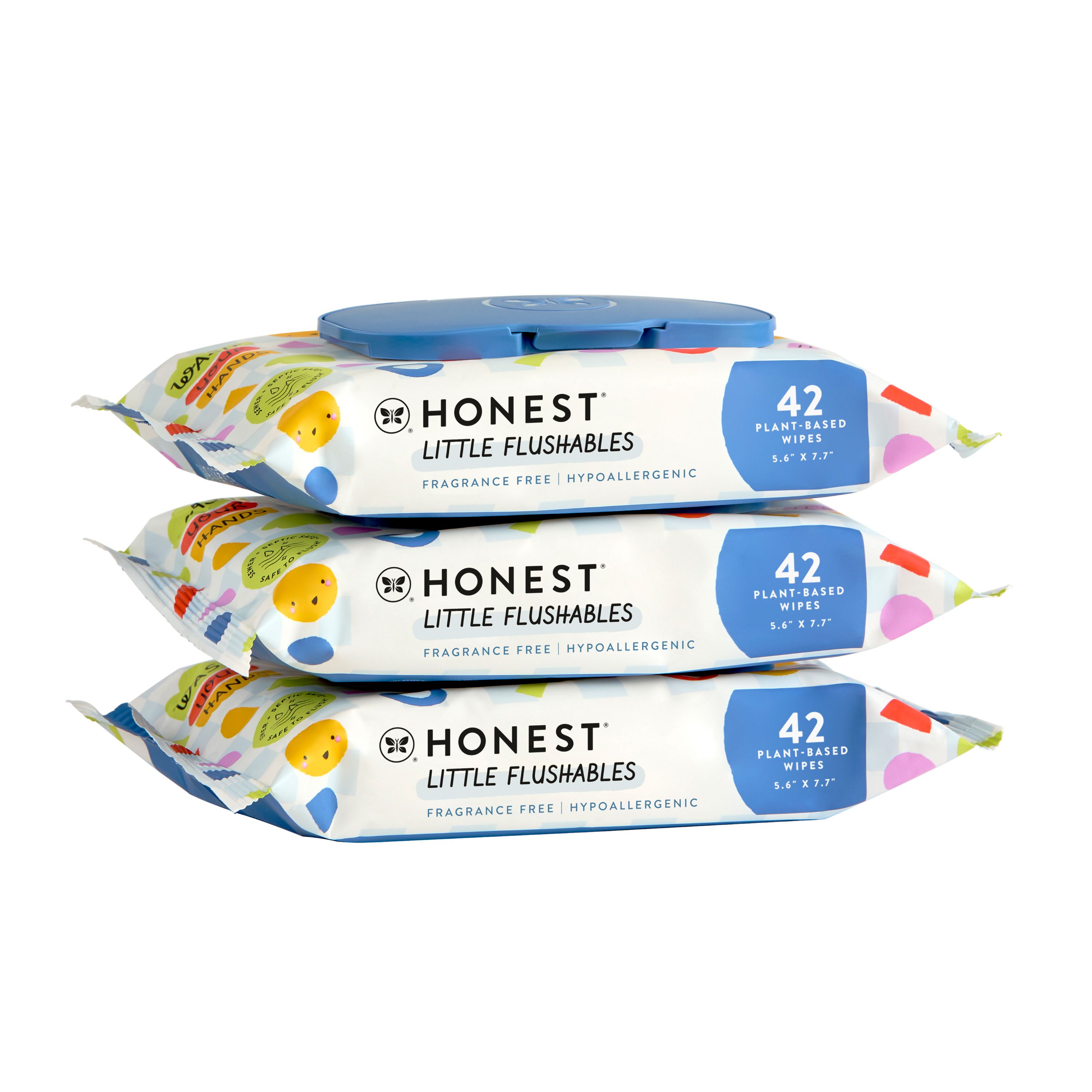 Three packs of The Honest Companys Toddler Flushable Wipes Designed for Potty Training are stacked. Each pack contains 42 plant-based, hypoallergenic wipes sized 5.9 x 7.9, with colorful packaging and a blue sealable lid, labeled fragrance-free and perfect for potty training stages.