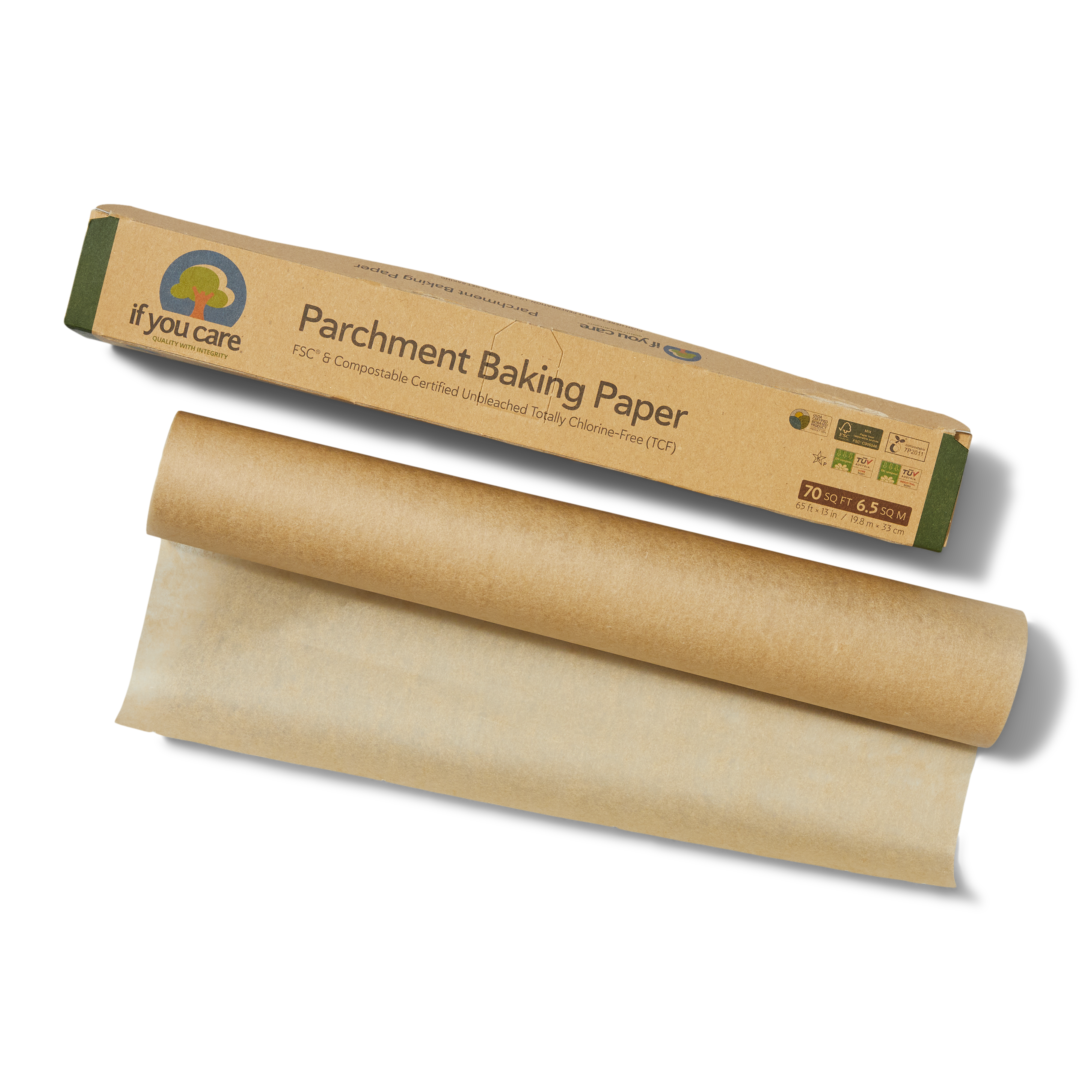 A roll of unbleached parchment baking paper is partially unrolled next to its brown cardboard box packaging labeled If You Care Parchment Baking Paper.