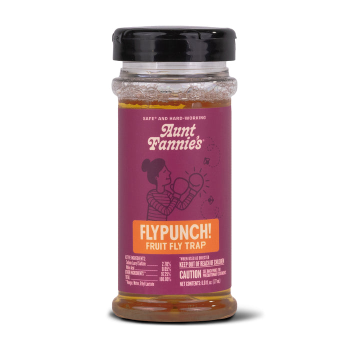 Aunt Fannie’s FlyPunch! Fruit Fly Trap in a clear jar with a purple and orange label showing a person swatting flies. The lid is black and the trap liquid is visible inside.