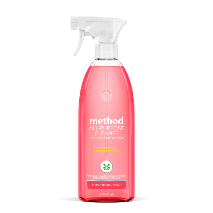 A clear spray bottle of Method All-Purpose Cleaner with pink liquid inside, featuring a white spray nozzle and a green leaf logo on the front label. The label highlights its non-toxic and biodegradable formula.