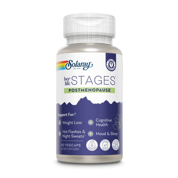 A bottle of Solaray Her Life Stages Postmenopause dietary supplement, featuring benefits like weight loss, cognitive health, relief from hot flashes and night sweats, and support for mood and sleep. Contains 60 vegcaps.