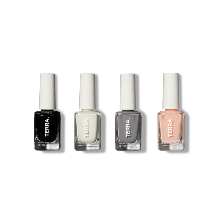 Four bottles of TERRA nail polish are lined up side by side, featuring black, white, gray, and light peach colors, each with a white cap and clear rectangular bottle on a white background.
