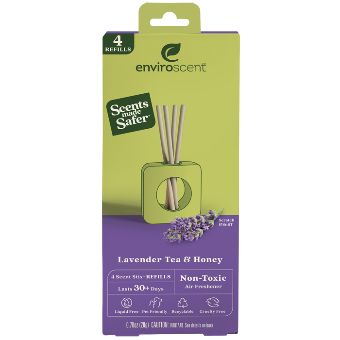 A box of Enviroscent lavender tea & honey air freshener refills, featuring four scent sticks and images of lavender sprigs, with labels highlighting non-toxic, recyclable, and long-lasting features.