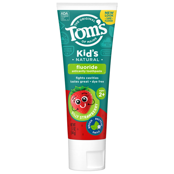 A tube of Toms of Maine Kids Natural fluoride toothpaste, Silly Strawberry flavor, for ages 2 and up. The tube features a smiling strawberry illustration and highlights natural ingredients and cavity-fighting benefits.