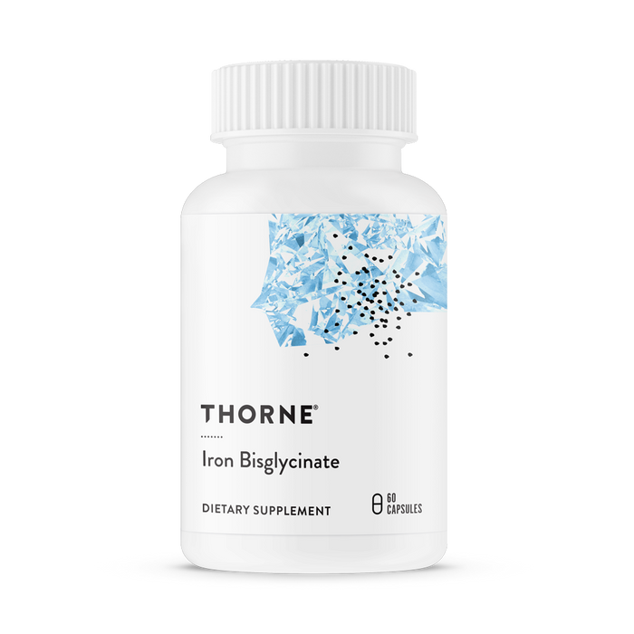 A white bottle of Thorne Iron Bisglycinate dietary supplement, featuring a blue abstract design and black dots on the label. The bottle contains 60 capsules.