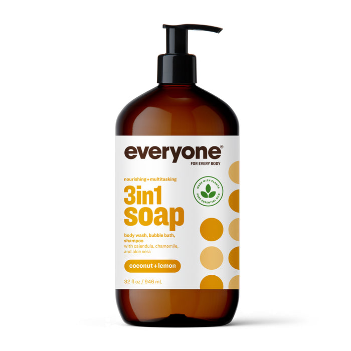 A brown pump bottle labeled everyone 3in1 Soap for body wash, bubble bath, and shampoo, with coconut + lemon scent. The label has yellow text and orange circles, and the bottle contains 32 fl oz (946 mL).