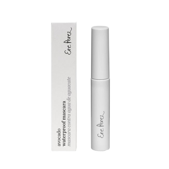 A white tube of Ere Perez avocado waterproof mascara stands next to its matching white box, both featuring minimalist black text and design on a plain white background.