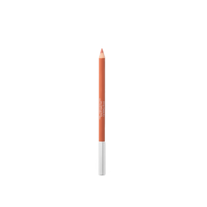 An orange-brown makeup pencil with a silver cap, standing upright against a plain white background.