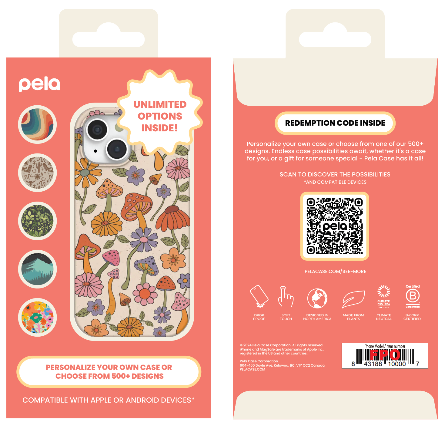 The packaging for the Single Case Activation Code by Pela Case features a vibrant mushroom design. Unlimited Options Inside! is displayed on the front with sample designs. The back has a QR code, redemption details, and barcode. Made from sustainable materials, its compatible with Apple or Android devices.