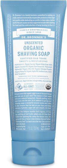 Dr. Bronners Organic Shaving Soap, in a 7 fl oz (207 mL) blue tube, boasts Certified Fair Trade and Smooth & Moisturizing qualities. Crafted by family soapmakers since 1858, it highlights its dedication to organic ingredients.
