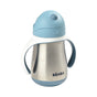 A stainless steel sippy cup with blue and white handles, a blue lid, and the brand name BÉABA printed on the front. The lid has a spout and the cup is designed for young children.