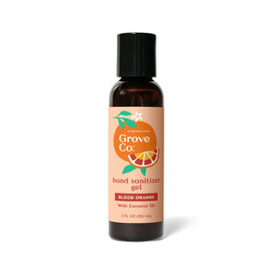 A 2 fl oz Grove Co. Hand Sanitizer Gel in Blood Orange scent, non-drying with coconut oil. Features an orange label with orange slices and a black cap. Kills 99.9% of germs for clean hands anywhere.