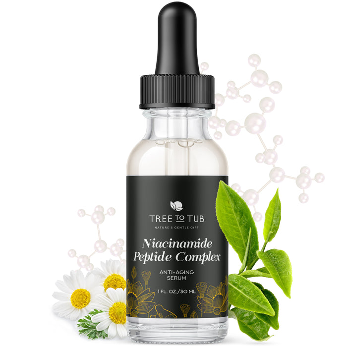 A dropper bottle labeled Tree to Tub Niacinamide Peptide Complex Anti-Aging Serum is surrounded by chamomile flowers, green tea leaves, and molecular structures on a white background.