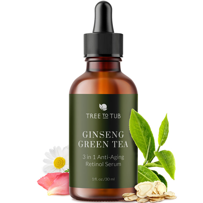 A brown dropper bottle labeled “Tree to Tub Ginseng Green Tea 3 in 1 Anti-Aging Retinol Serum” is surrounded by green tea leaves, a white flower, a pink flower petal, and oat flakes.