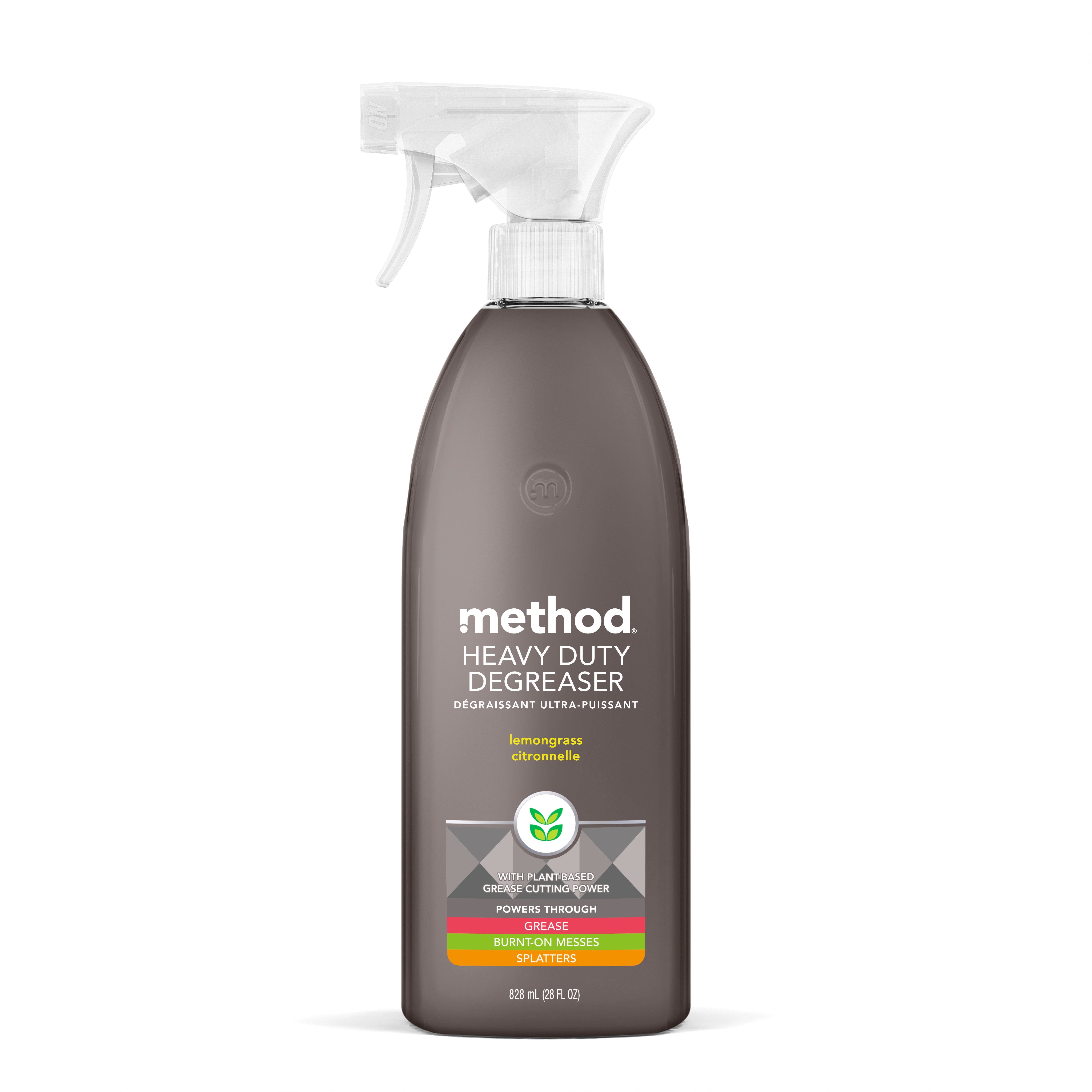 The Method Heavy Duty Degreaser, featuring plant-based grime-cutting power, comes in a dark gray container with a spray nozzle. Its perfect for tackling tough kitchen messes and stainless steel surfaces.