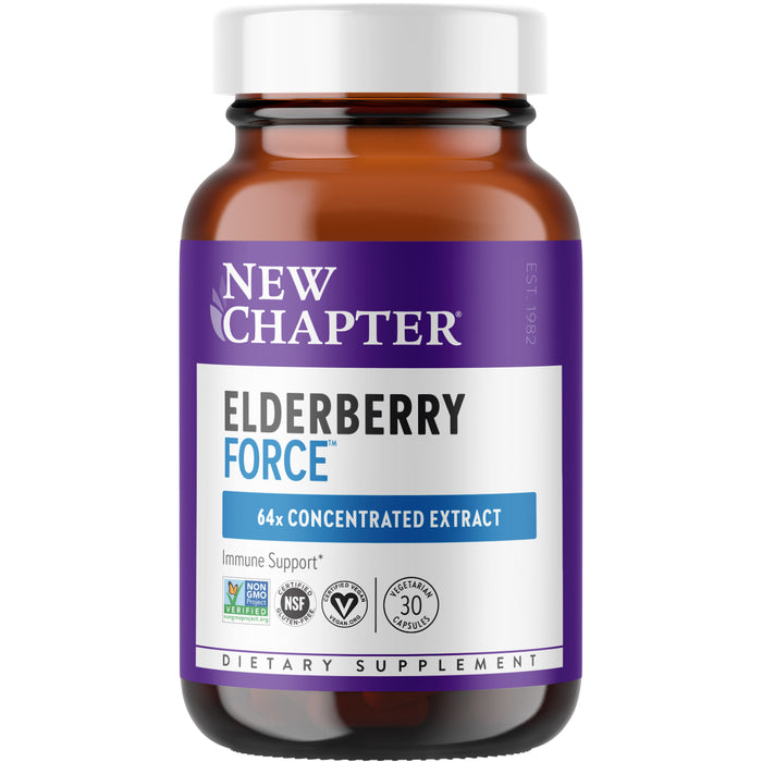 A brown bottle of New Chapter Elderberry Force dietary supplement with a purple and white label, featuring text about immune support and 64x concentrated extract, plus various certification logos.