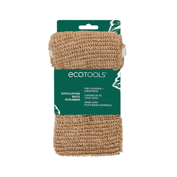 A packaged Ecotools exfoliating back scrubber, tan in color, with a green label that states it extends up to 3 feet long and is made with plant-based materials.
