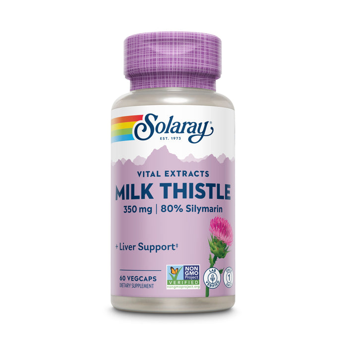 A bottle of Solaray Vital Extracts Milk Thistle dietary supplement with a purple cap and label, featuring a pink thistle flower, and text highlighting 350 mg, 80% Silymarin, liver support, and non-GMO status.