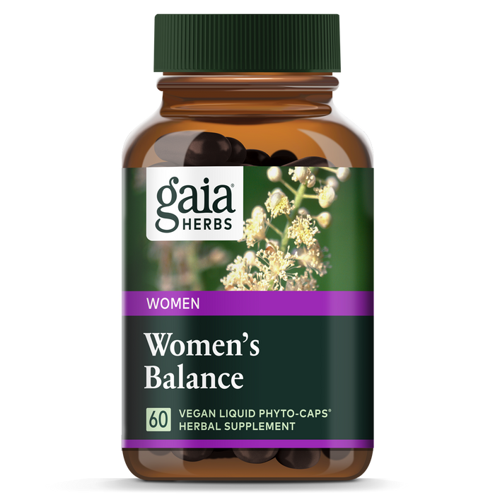 A bottle of Gaia Herbs Women’s Balance herbal supplement, featuring a green label with white text, a purple accent, and a photo of flowering herbs; contains 60 vegan liquid phyto-caps.