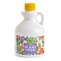 White bottle with yellow cap featuring floral design and the text Good Dirt Plant Food. Ideal for indoor/outdoor use, this sustainable, chemical-free plant food includes a convenient side handle for easy use.