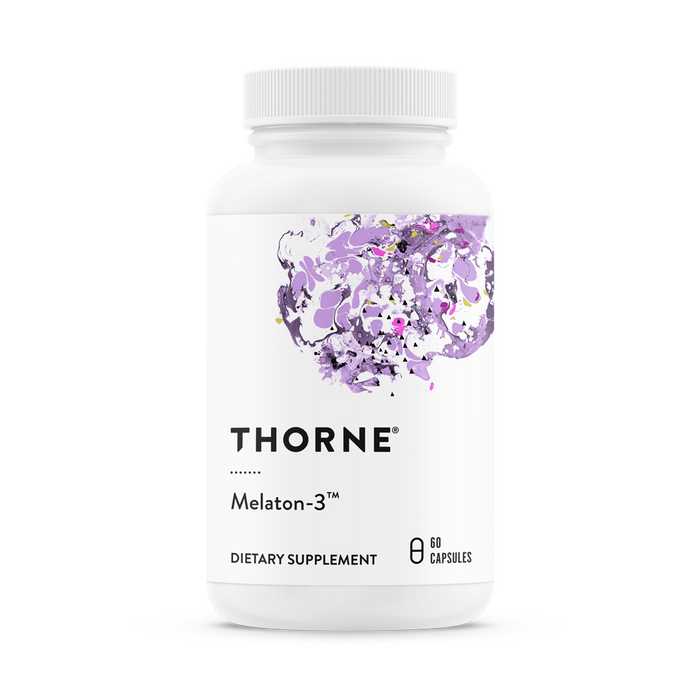 A white bottle of Thorne Melaton-3 dietary supplement with a purple abstract design on the label. The bottle contains 60 capsules.