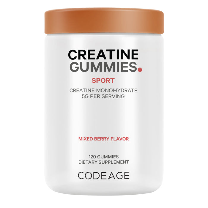 A white jar with a copper-colored lid labeled Creatine Gummies SPORT by Codeage, containing 120 mixed berry flavor gummies with 5g creatine monohydrate per serving.