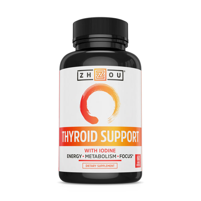 A black bottle of Zhou Nutrition Thyroid Support dietary supplement with an orange label, featuring text about iodine content and benefits for energy, metabolism, and focus. The bottle contains 60 capsules.