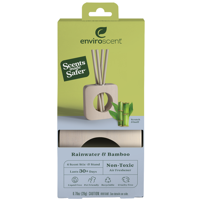 A box of Enviroscent Rainwater & Bamboo non-toxic air freshener with four scent sticks and a stand, featuring eco-friendly icons and a bamboo illustration on the packaging.