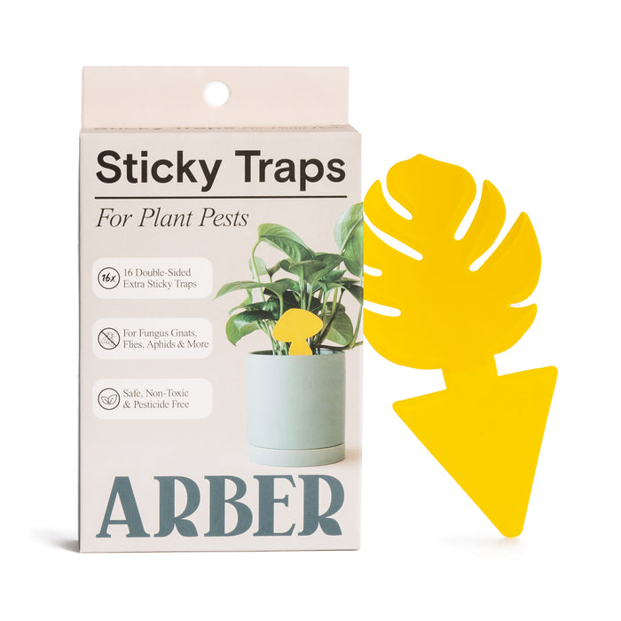 The image displays a box of Arbers Sticky Traps to Trap Indoor and Greenhouse Pests, featuring 16 double-sided yellow monstera leaf-shaped traps. These chemical-free traps target fungus gnats, flies, aphids, and more for safe, non-toxic pest control.