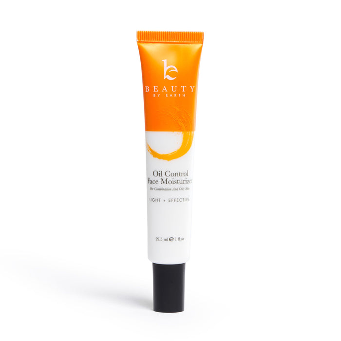 A tube of Beauty by Earth Oil Control Face Moisturizer with an orange and white design, black cap, and text describing it as light and effective, suitable for combination to oily skin.