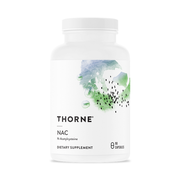 A white bottle labeled Thorne NAC N-Acetylcysteine Dietary Supplement with abstract green and blue watercolor design, containing 90 capsules, shown on a plain light background.