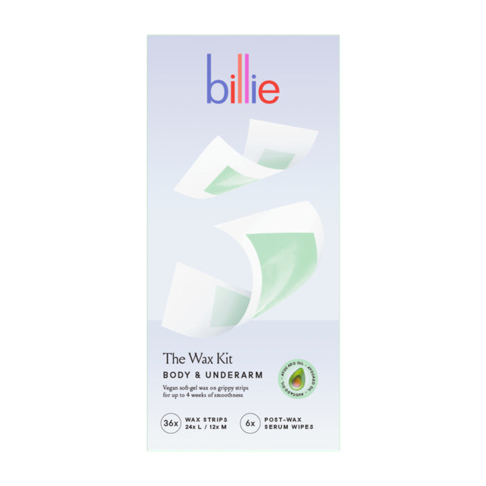 Introducing the billie Wax Kit, your complete hair removal solution featuring 36 body and underarm strips, 6 post-wax serum wipes, and vegan soft wax for up to 4 weeks of smoothness.