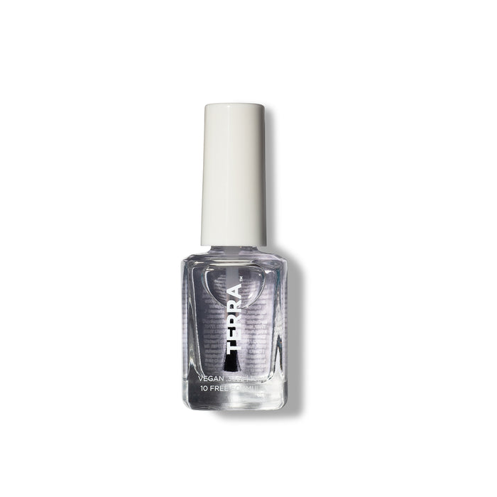 A clear glass bottle of nail polish with a white cap. The label reads TERRA and indicates that the polish is vegan and free from 10 harmful chemicals. The bottle is photographed on a white background.