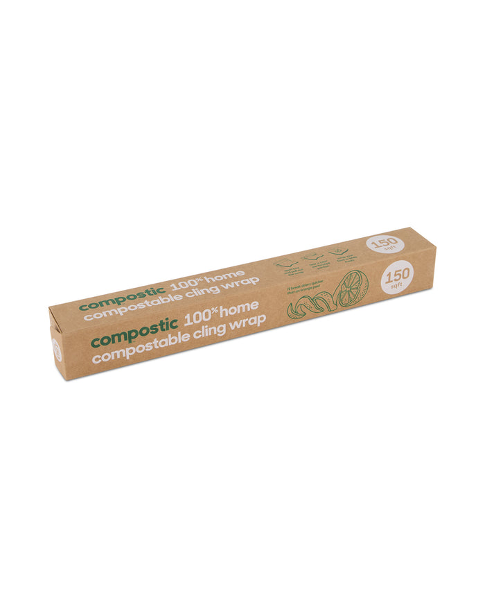 A rectangular brown box labeled compostic 100% home compostable cling wrap with green and white text, an illustration of citrus slices, and a 150 m circle indicating the wrap length.