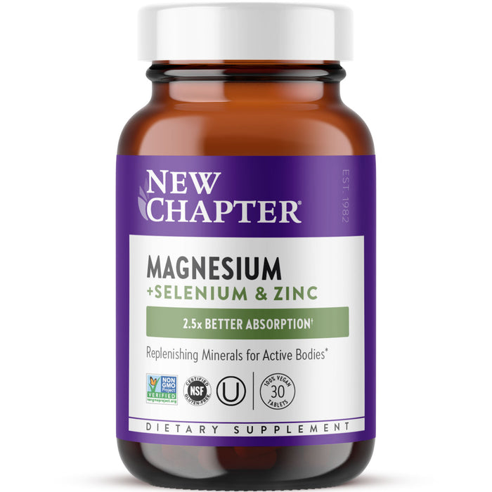 A brown bottle of New Chapter Magnesium + Selenium & Zinc dietary supplement with a purple and white label, featuring claims of 2.5x better absorption and certifications for being vegan, NSF, and non-GMO.