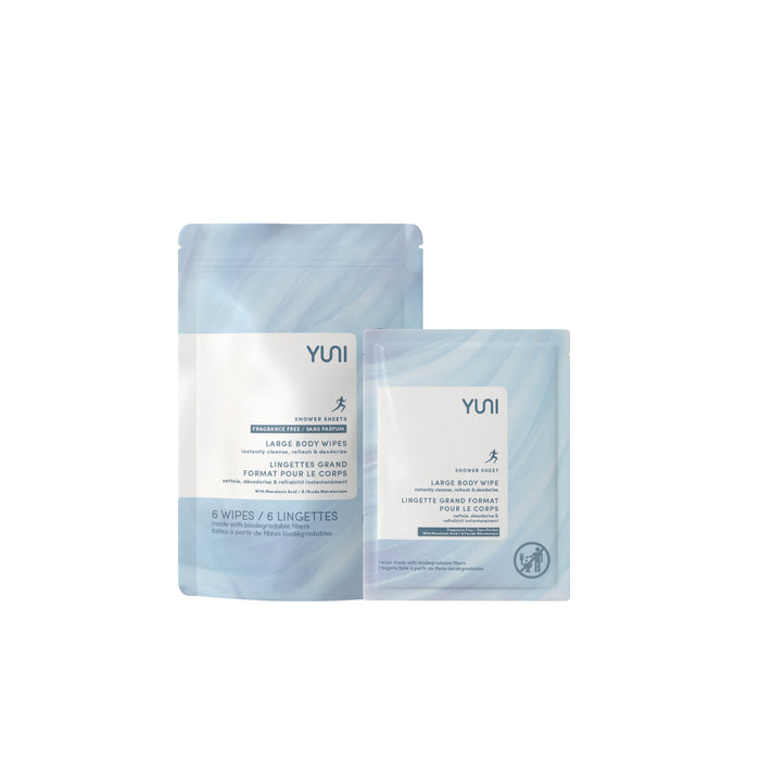 Two light blue YUNI-branded packages of Large Body Wipes, one large and one small, are displayed side by side against a white background.