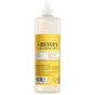 A bottle of Mrs. Meyer's Dish Soap with a yellow label and white cap displays product info and logos on the back. This natural degreaser keeps dishes sparkling clean.