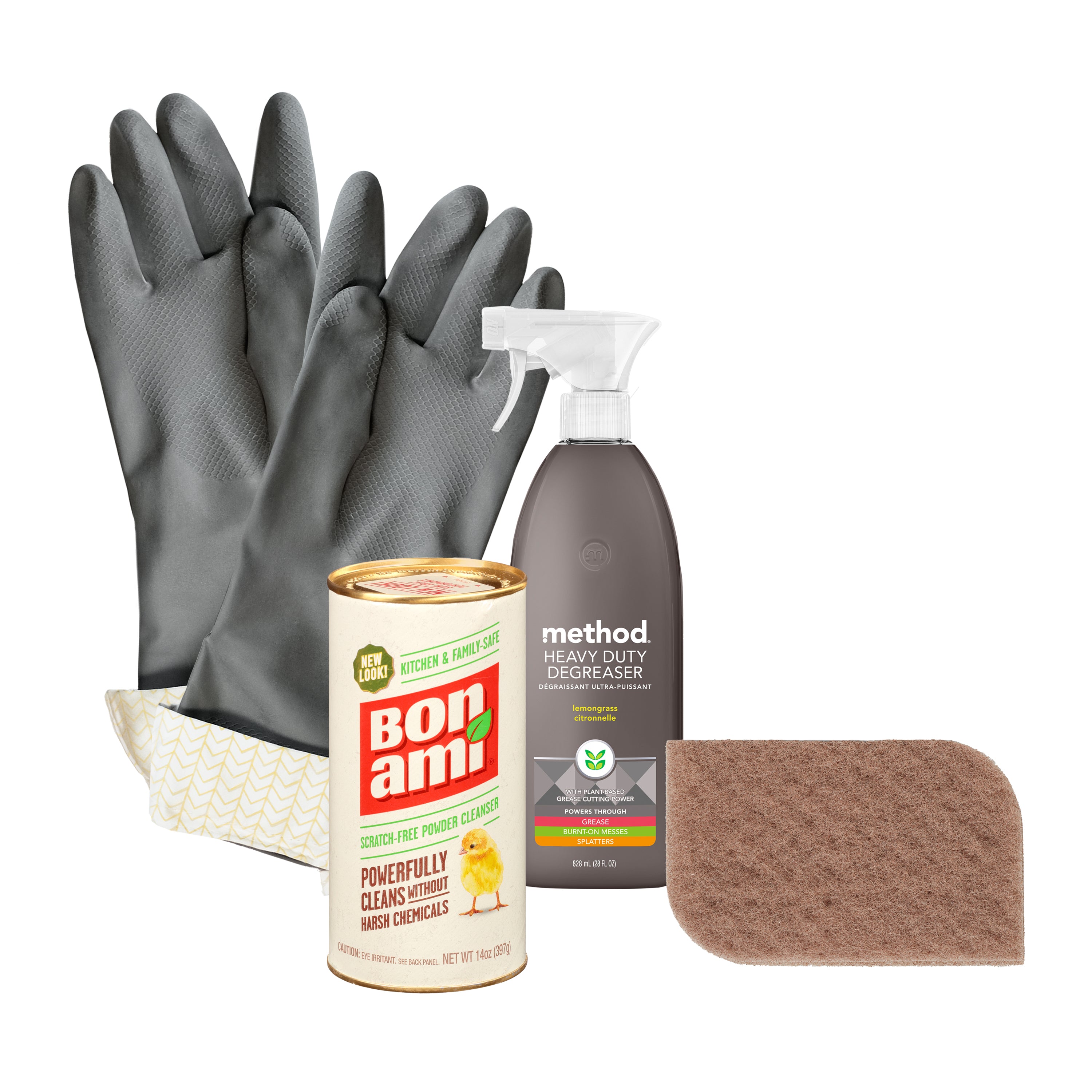 The Grove Collaborative Kitchen Deep Cleaning Starter Set includes a pair of gray cleaning gloves, Bon Ami powder cleanser, Method heavy-duty degreaser spray bottle, and a brown walnut scouring pad.