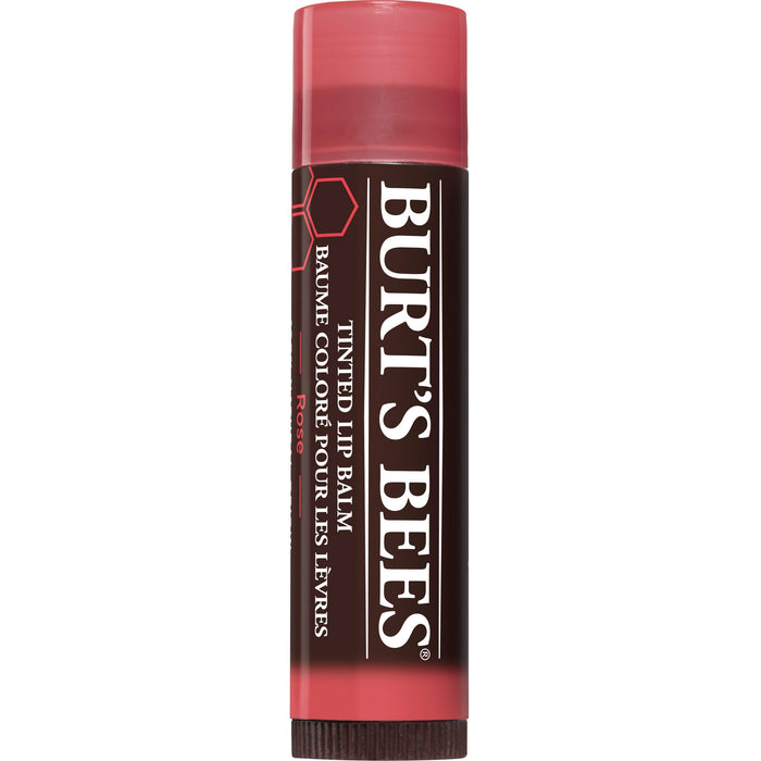 Burt’s Bees Tinted Lip Balm in a red and brown tube, with text indicating the product name and labeling in English and French, and a color swatch at the bottom showing the shade Rose.