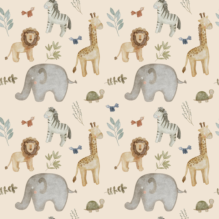 A seamless pattern featuring cartoon lions, giraffes, elephants, zebras, turtles, birds, and leafy branches on a light beige background. The animals are illustrated in soft, watercolor-style tones.