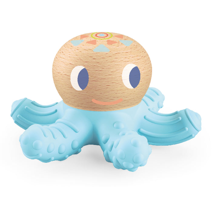 A toy octopus with a wooden head featuring a smiling face and colorful patterns on top, and soft, textured blue rubber tentacles.