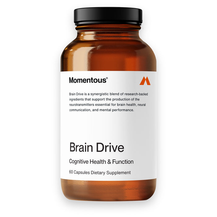 A brown bottle labeled Momentous Brain Drive Cognitive Health & Function, containing 60 capsules of a dietary supplement. The label highlights benefits for brain health, neurotransmitters, and mental performance.