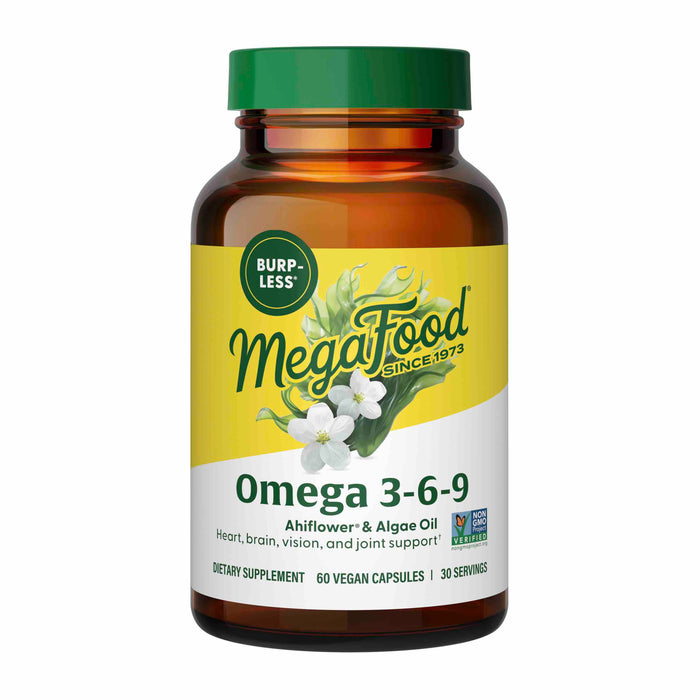 A brown bottle of MegaFood Omega 3-6-9 supplements, featuring a green and yellow label with white flowers, and text highlighting Burp-less and Ahiflower & Algae Oil for heart, brain, vision, and joint support.