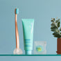 A light blue toothbrush, a teal tube of toothpaste, and a small container of dental floss are displayed on a glass shelf with a sprig of greenery in the background against a blue backdrop.
