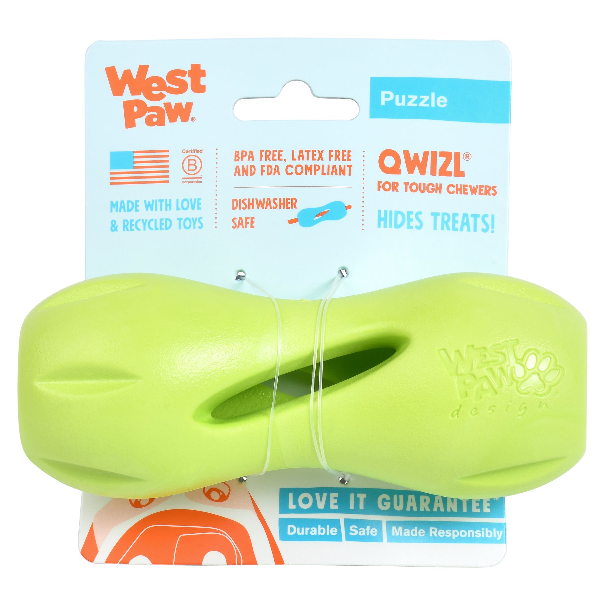 The West Paw Qwizl® Integrative Dog Toy, a bright green, bone-shaped treat extender for tough chewers, comes on a blue card highlighting its BPA-free, dishwasher-safe, recycled features and has a central hole for stuffing treats.