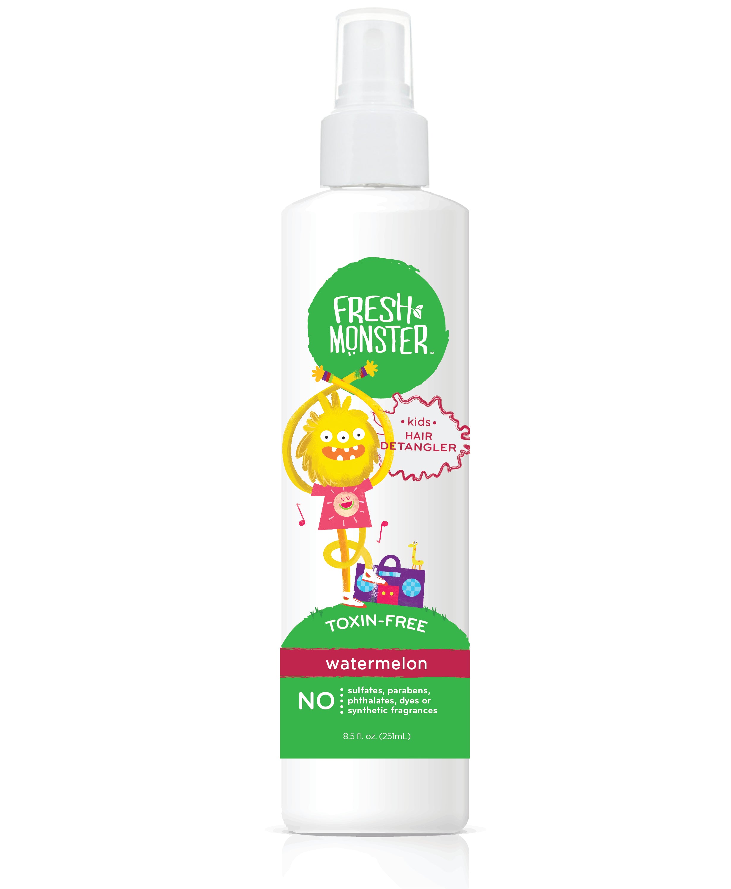 A white spray bottle labeled Fresh Monster Detangler Spray for Kids displays a playful monster illustration. This hypoallergenic detangler is watermelon-scented and claims to be toxin-free, free from sulfates, parabens, and synthetic fragrances.