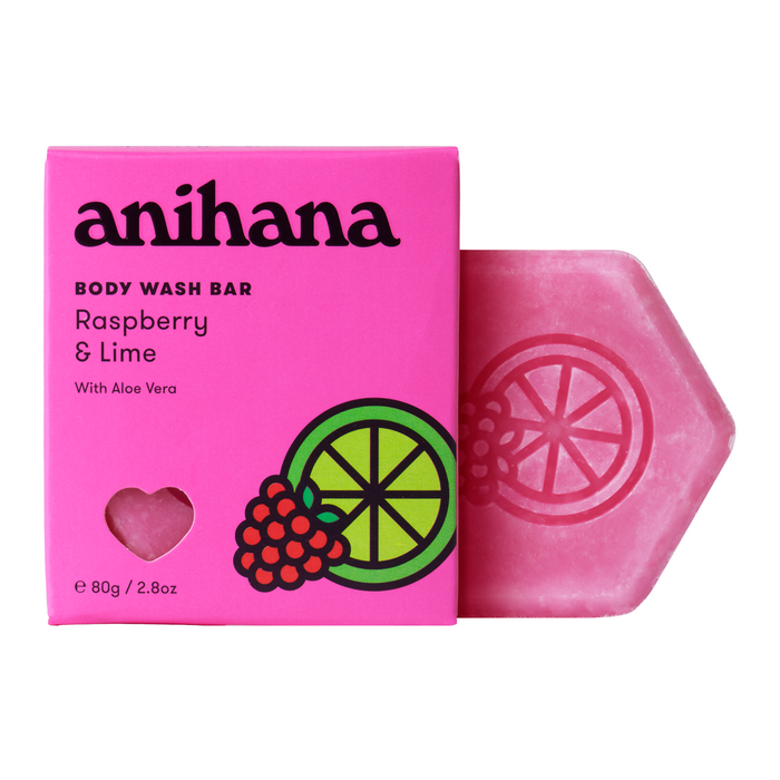 A pink box labeled anihana Body Wash Bar Raspberry & Lime with Aloe Vera is shown next to a pink, hexagonal soap bar. The box features illustrations of a lime slice and raspberries.