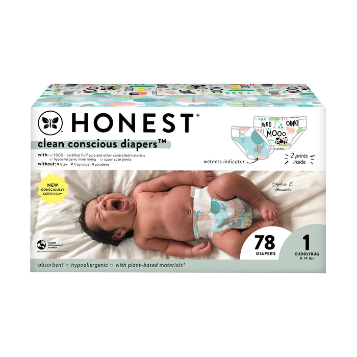 A rectangular box of Honest clean conscious diapers featuring a smiling baby wearing a diaper. The box highlights 78 diapers, size 1 (8-14 lbs), and notes absorbency, hypoallergenic, and plant-based materials.