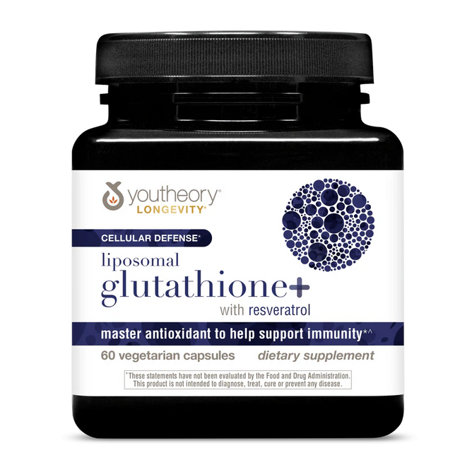Youtheory Liposomal Glutathione Capsule with resveratrol, 60 vegetarian capsules, is an advanced antioxidant supplement that supports immunity and promotes overall wellness.