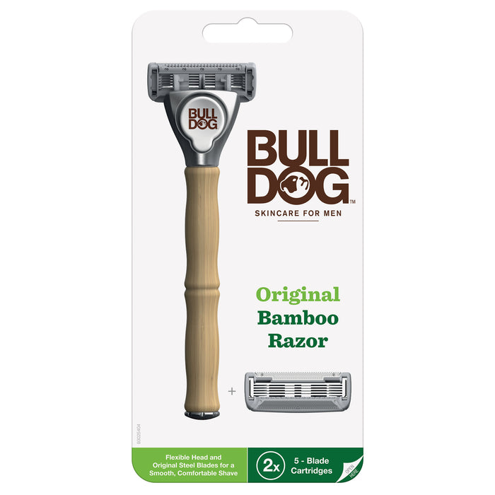 Packaging for Bulldog Original Bamboo Razor shows a bamboo-handled razor and an extra blade cartridge. Text reads: Bulldog Skincare For Men, Original Bamboo Razor, and highlights two 5-blade cartridges included.